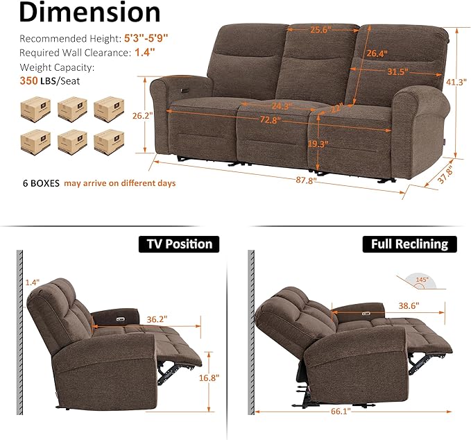 MCombo 87.8" Wall Hugger Power Reclining Sofa, 3-Seat Triple Recliner Couch with USB Ports, Rolled Arm Space Saving Recliner Sofa for Living Rooms Apartments RV, Fabric PR635M5 (Dark Brown) | 1.4" Wall Clearance