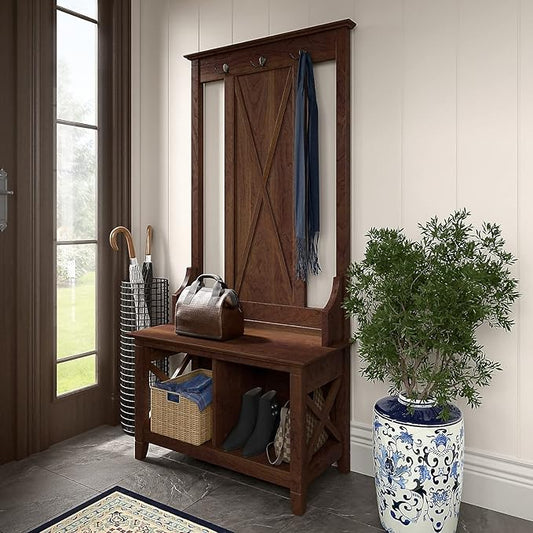 Bush Home Key West Hall Tree with Shoe Storage Bench in Bing Cherry, Entryway Organizer for Home, Multi-Purpose Storage Solution with Seating and Hooks