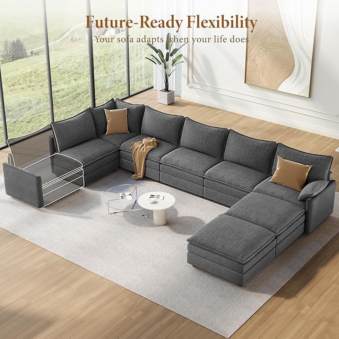 Vesgantti Large Modular Sectional Sofa, Big Comfy Cloud Couch with Ottoman Deep Seat Chenille Cloud Sofa, 8 Seater Large Sectional Couches for Living Room, Bedroom and Apartment, Gray | Sink-in Comfort, Height Adjustable, Easy Rearrangement, Extra-deep...