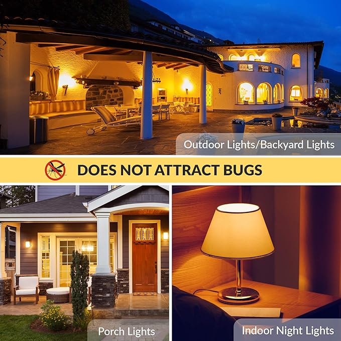 Simba Lighting Bug Non-Attracting Yellow LED Bulb 6W 40W Equivalent (2 Pack), Great for Outdoor Porch Light, Night Light, Dusk-to-Dawn Smart Sensor Auto On/Off, Amber Warm Light, A19 E26 Medium Base