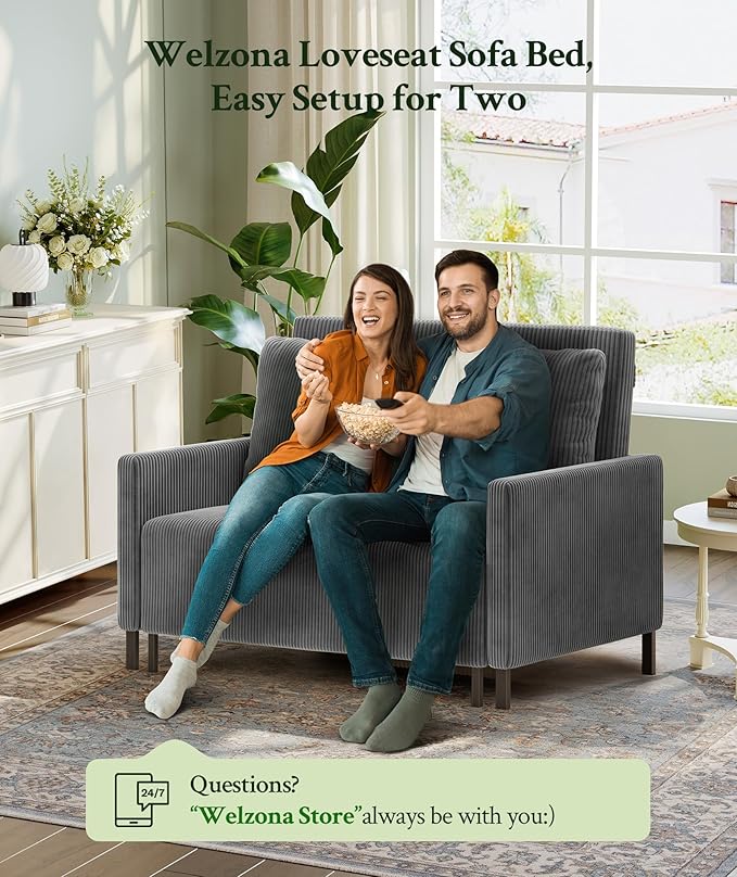 Welzona 47.2" Convertible Sofa Bed Couch, Comfy Corduroy Couch Bed, All in 1 Loveseat Sleeper Sofa, Love Seat Sleeper Bed 2 Pillows, Modern Couches for Living Room/Apartment/Home/Office, Classic Grey