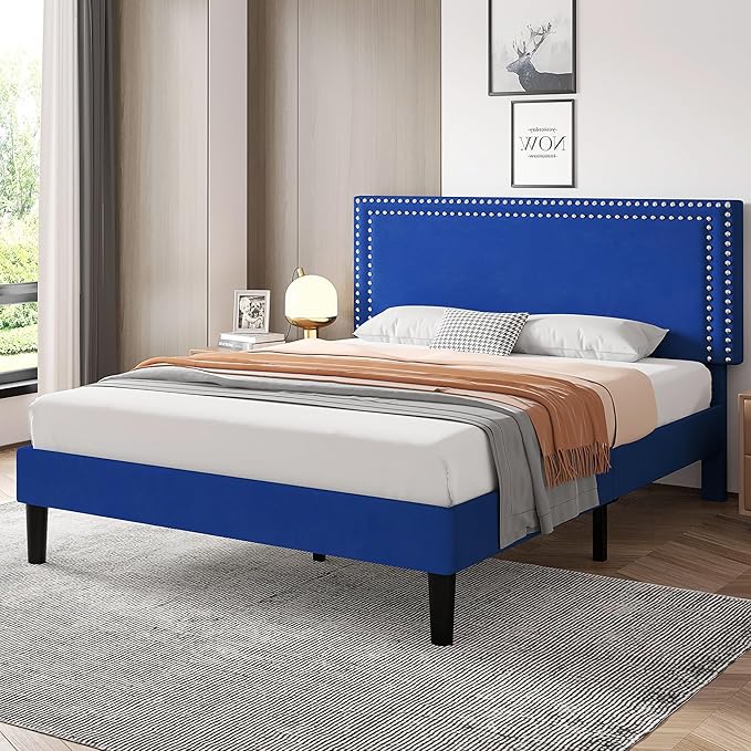 VECELO Bed Frame Full Size with Adjustable Upholstered Headboard, Wooden Slats Platform, Noise-Free Design, Easy Assembly