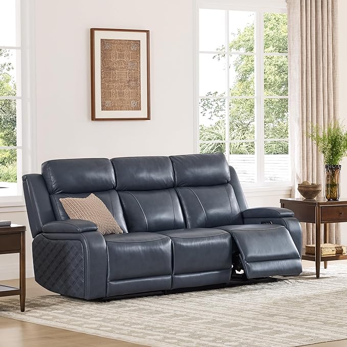 Watson & Whitely Genuine Leather Power Recliner Sofa, 3 Seater Zero Gravity Reclining Couch with Power Headrest & Flip Middle Backrest Table, Hidden Storage, Cup Holders for Living Room, Navy Blue