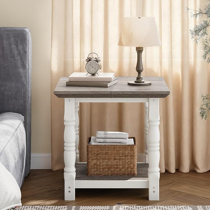 DWVO Farmhouse Square Coffee Table, Antique Accent Side Table with Floor Shelf, 23.6"x 23.6" Living Room Furniture, Vintage Ivory & White