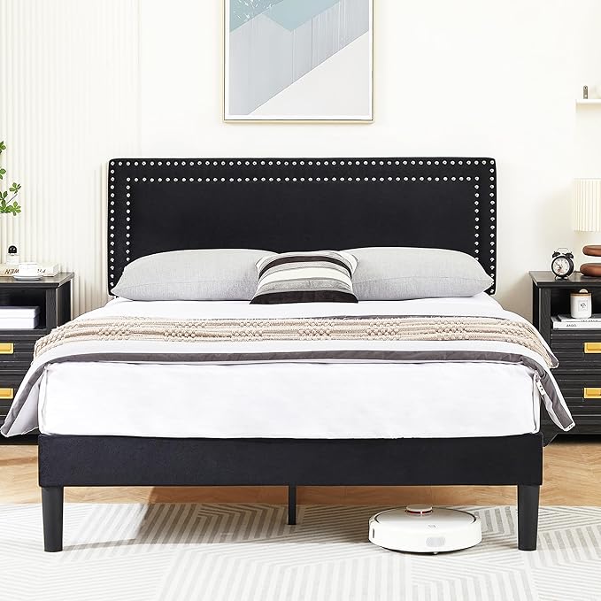 Full Size Platform Bed Frame with Adjustable Upholstered Headboard, Modern Mattress Foundation,Strong Wood Slat Support, No Box Spring Needed, Easy Assembly