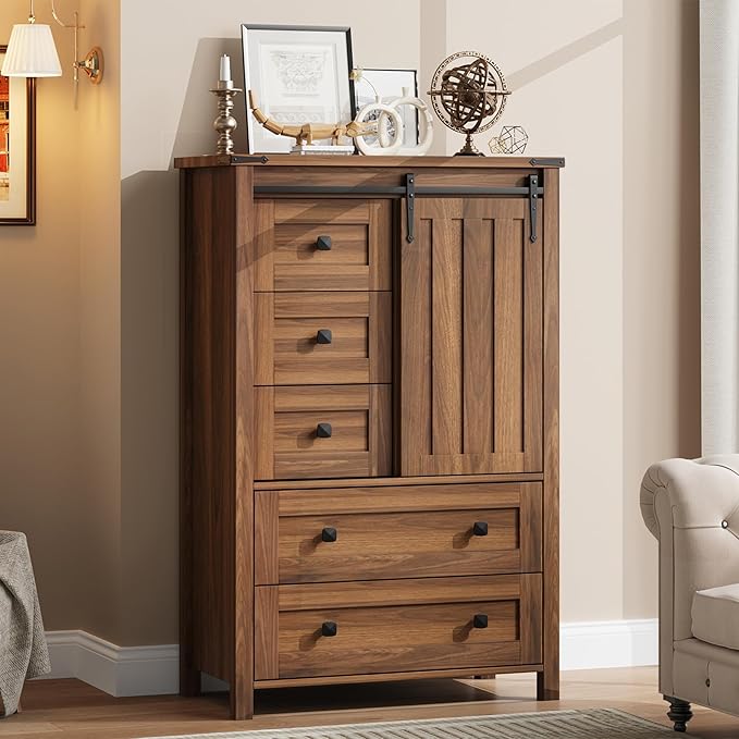GarveeHome Farmhouse 5 Drawer Dresser for Bedroom, 48" Tall Wood Dressers Chest of Drawer with Sliding Barn Door, Adjustable Shelf, Storage Organizer for Bedroom, Hallway, Living Room, Kitchen, Walnut