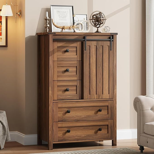GarveeHome Farmhouse 5 Drawer Dresser for Bedroom, 48" Tall Wood Dressers Chest of Drawer with Sliding Barn Door, Adjustable Shelf, Storage Organizer for Bedroom, Hallway, Living Room, Kitchen, Walnut