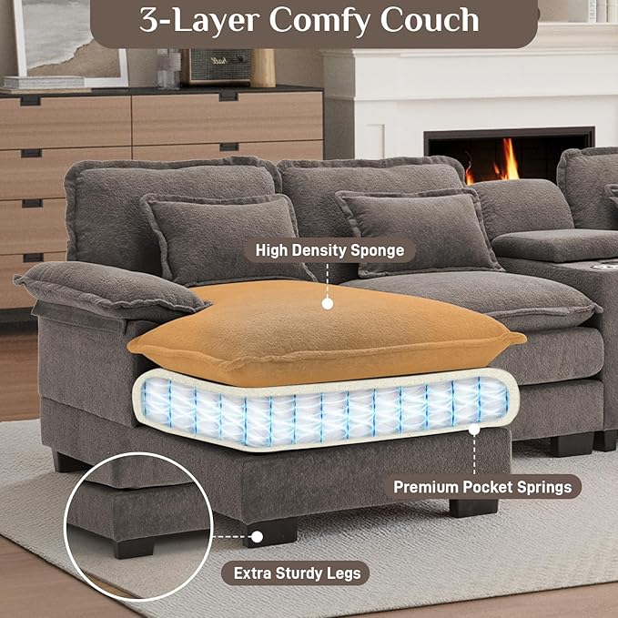 133" Oversized U Shaped Cloud Couch Modular Sectional Couches for Living Room Comfy Chenille Deep Seat Sofa Set with Double Chaise Lounge, Storage Central Console, Cup Holders, USB Port, Stone Grey