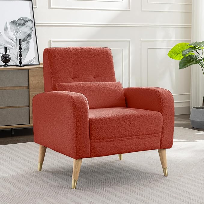 Dolonm Mid-Century Modern Accent Chair, Upholstered Armchair Living Room Chair, Comfy Single Sofa Chair with Sturdy Legs for Living Room Bedroom, Red