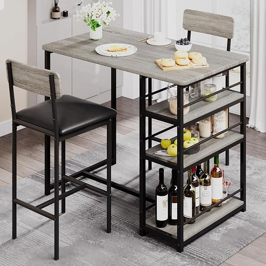 CABIHOME Dining Table Set for 2, Kitchen Table and Upholstered Chairs for 2, 3 Piece Counter Height Bar Table Set with 3 Large Storage Shelves for Small Space, Apartment, Studio, Rustic Gray