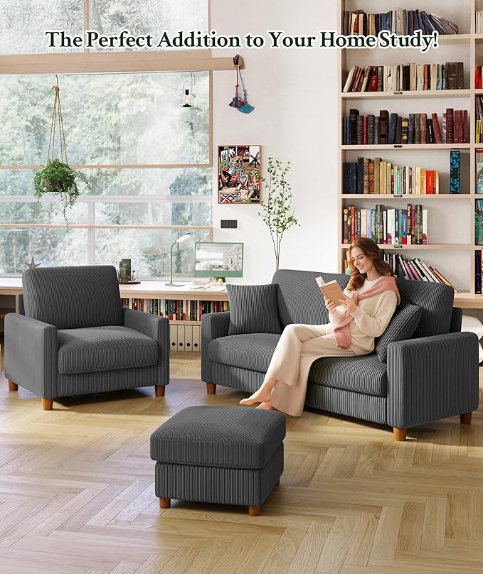 Welzona 70.2" Couches for Living Room, Comfy Sofa Set Tool-Free Setup, Corduroy Couch Set 7.1" Thicker Cushion, Accent Chair with Ottoman 848lbs Support, Sofas for Living Room Home Office, Grey