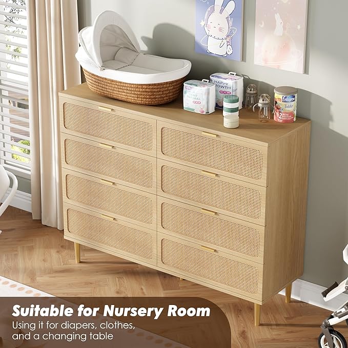 GarveeHome Rattan 8 Drawer Dressers for Bedroom, Tall Dresser with Deep Drawers, Large Chest of Drawers for Closet with Wide Top, Long Wooden Dresser for Living Room, Hallway, Kids Room, Natural
