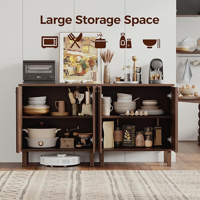Sideboard Buffet Cabinet with Storage, 2 Doors, Adjustable Shelves, Wooden Mid Century Coffee Bar Cabinet for Entryway, Living Room, Kitchen, Walnut