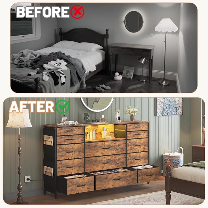HCHQHS Dresser for Bedroom with 13 Drawers, 47 Inch Fabric Dresser with Remote Control Lights, Side Pockets & Hooks for Closet or Large TV Stand (Rustic Brown)