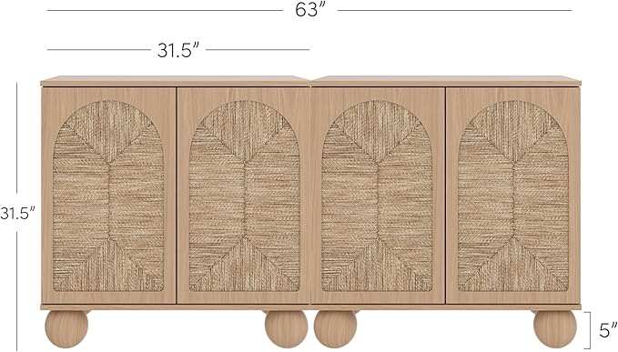 Nathan James Leah Boho TV Stand or Sideboard Cabinet for Kitchen or Living Room with Ball-Style Feet, Natural Seagrass Door Fronts and Solid Wood Legs, Raw Oak, Set of 2