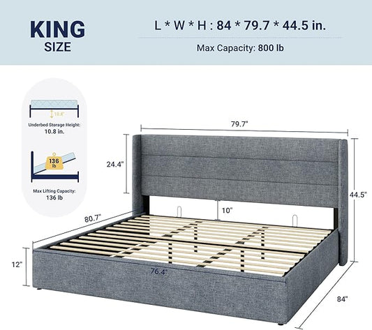 Allewie King Size Lift Up Storage Bed, Modern Wingback Headboard, Hydraulic Support, No Box Spring Needed, Grey Blue