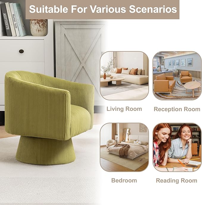 Swivel Accent Chair, Modern 360° Barrel Chair, Corduroy Upholstered Single Sofa for Living Room, Bedroom(Green)