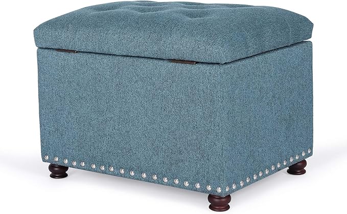 Adeco Rectangular Storage Ottoman Foot Rest Stool, Fabric Button Tufted Storage Ottoman with Hinged Lid (Cyan)