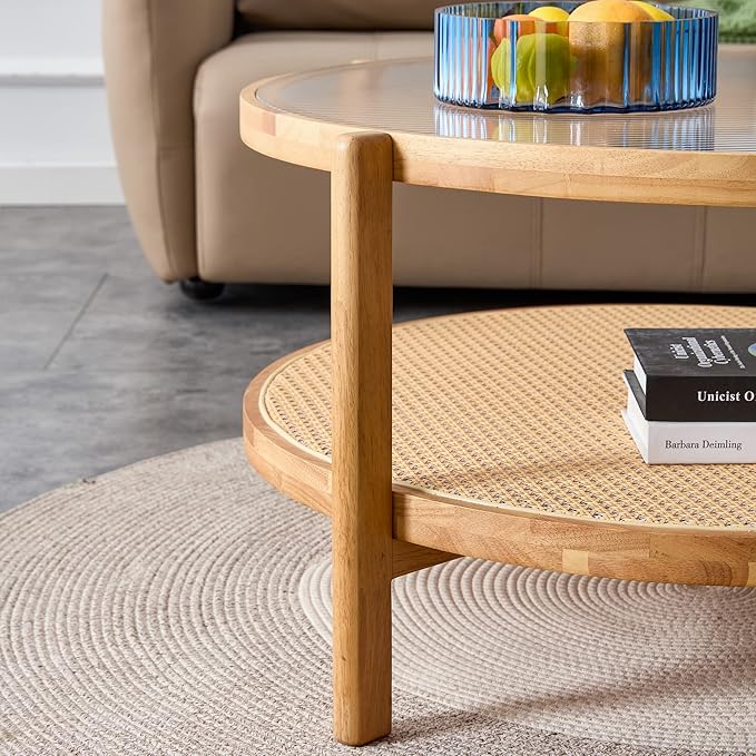 Tempered Glass Round Coffee Table, Farmhouse Circle Coffee Table with Rattan Woven Shelf for Storage, Solid Wood Circular Center Table for Living Room