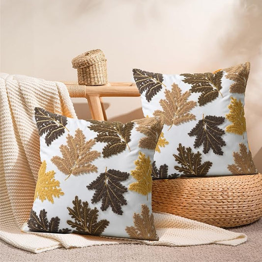 Set of 2 Embroidered Decorative Throw Pillow Covers Couch Square Pillowcases Cushion for Bedroom Sofa Farmhouse Decor 18x18 Inch (Yellow Maple Leaf)
