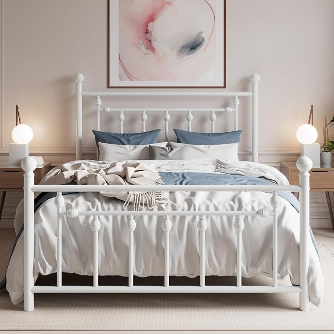 SHA CERLIN 14" Queen Size Metal Platform Bed Frame/Victorian Headboard and Footboard/Steel Slats Mattress Foundation for Storage/No Box Spring Needed/Noise Free/White