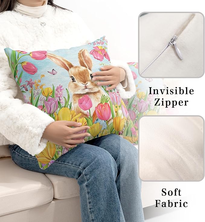 Easter Bunny Pillow Covers 22x22 Set of 2 Lovely Rabbit with Tulip Throw Pillow Covers Spring Pillow Case Floral Cotton Blend Cushion Case for Easter Decor Sofa Patio Garden