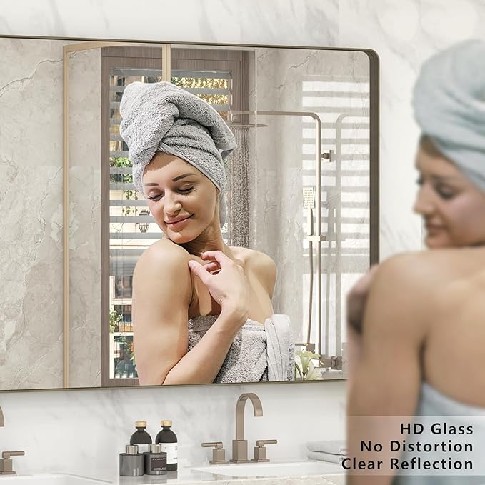 22x30 Bronze Bathroom Wall Mirror, Brushed Metal Framed Vanity Mirror for Wall, Rounded Rectangle Mirror for Modern Farmhouse Wall, Anti-Rust (Horizontal/Vertical)