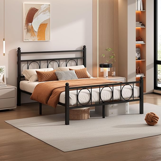 Full Size Bed Frame Classic Metal Platform Bed Frame Mattress Foundation with Victorian Style Iron-Art Headboard/Footboard/Storage Space/No Box Spring Needed/Black
