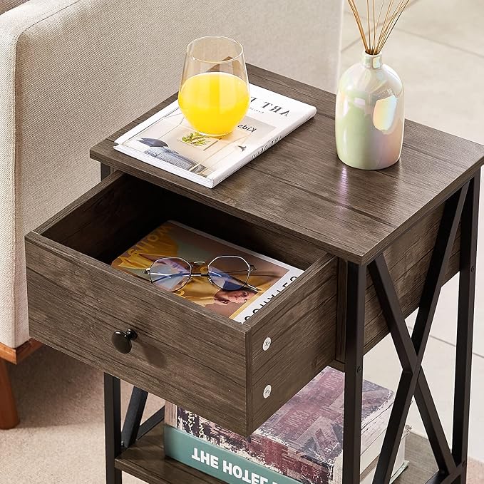 VECELO End Tables, Modern Nightstand with Drawer & Shelf, Night Stand for Bedroom Living Room,Industrial Metal Frame