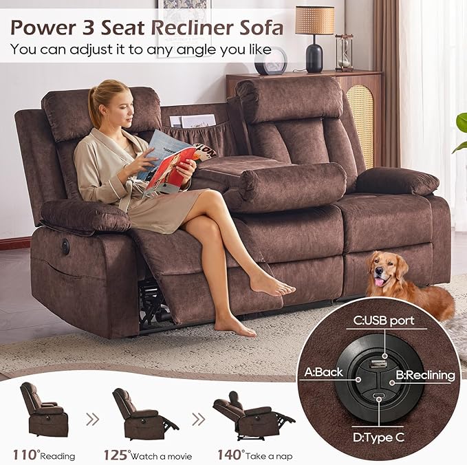 Power Reclining Sofa with Heat&Massage, Reclining Couch with Multi-Function Console/USB Ports/Type C, Wall Hugger 3 Seater-Sofa Recliner, Reclining Sofa Couch for Living Room