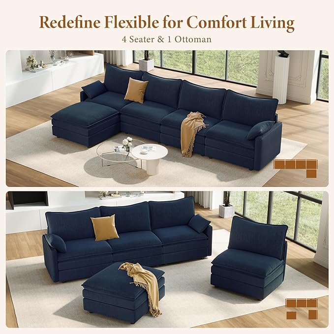 Vesgantti 142" Cloud Couch Sectional Modular Sofa, Comfy Sectional Couch with Ottoman Deep Seat Chenille L Shaped Sofa, Modular Couches for Living Room, Bedroom and Apartment, Blue | Sink-in Comfort, Height Adjustable, Easy Rearrangement, Extra-deep Ot...