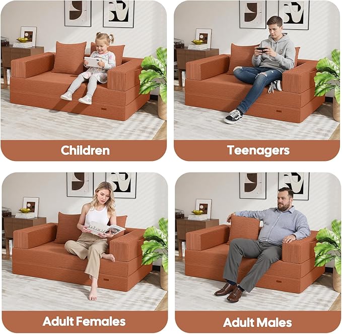 COMAX Futon Sofa Bed, 4‑in‑1 Convertible Sofa Bed, Folding Boneless Couches for Living Room, Fold Out Small Foldable Loveseat Floor Sleeper Comfy Mattress Lounge Space‑Saving, Light Orange