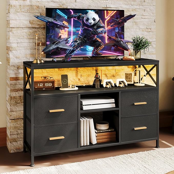 LED TV Stand for 55 inch TV, 47" Entertainment Center with 4 Fabric Drawers & Open Shelf, Brushed Gold Handle, TV Media Console Table for Living Room, Bedroom, Hallway, Black