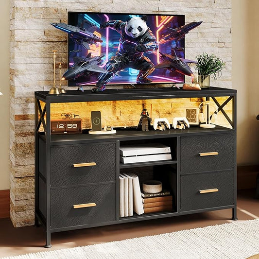 LED TV Stand for 55 inch TV, 47" Entertainment Center with 4 Fabric Drawers & Open Shelf, Brushed Gold Handle, TV Media Console Table for Living Room, Bedroom, Hallway, Black