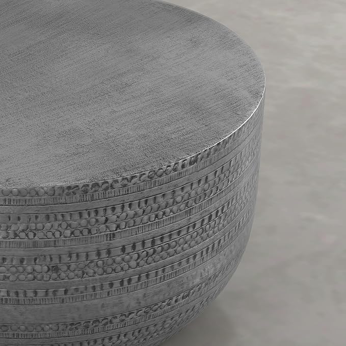SIMPLIHOME Johnsen Metal Coffee Table - 30 inch Wide Solid Metal Round Drum Accent Table in Distressed Nickel, Boho Coffee Table for Living Room with Decorative Textured Design, Assembled