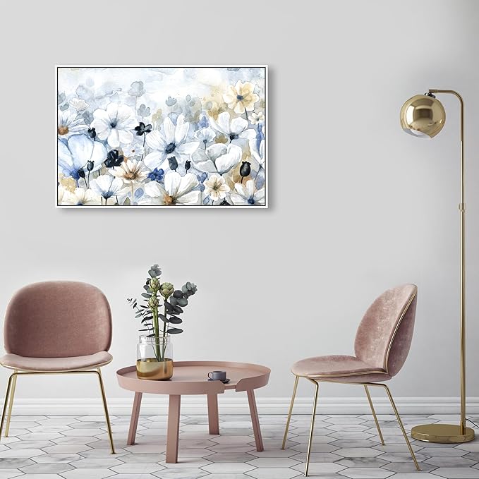 The Oliver Gal Artist Co. Floral and Botanical Wall Art Framed Canvas Prints 'Fields Flowers Home Décor, 36" x 24", Blue, White