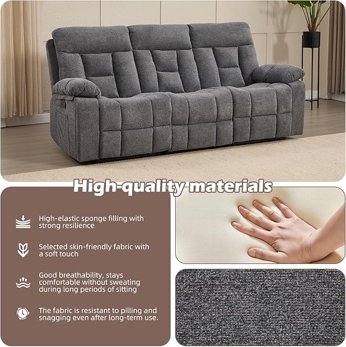 CANMOV 3 Seat Manual Recliner Sofa, Modern Reclining Sofa with Overstuffed Armrest, Hidden Cup Holders, for Living Room, Grey