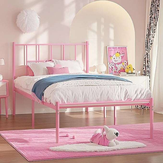 VECELO Twin Metal Platform Bed Frame with Headboard, Heavy Duty Steel Slat Support, Under Bed Storage,No Box Spring Needed, Easy Assembly