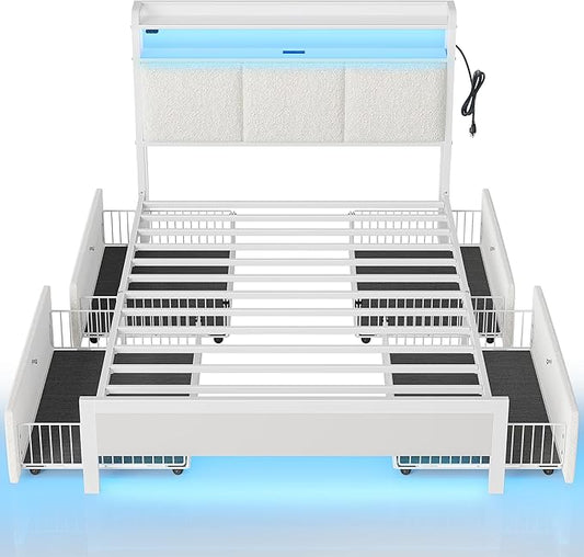 Rolanstar Bed Frame Twin Size with Charging Station and LED Lights, Upholstered Storage Headboard with Drawers, Heavy Duty Metal Slats, No Box Spring Needed, Noise Free, Easy Assembly, White