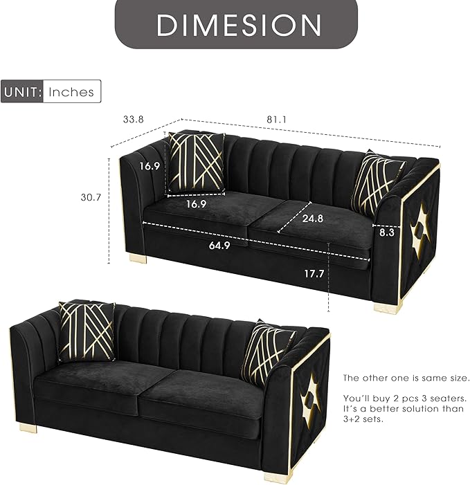 KEIKI 2-Piece Luxury Chesterfield Sofa Set with 2 Oversized Velvet 3-Seater Sofa, Upholstered Modern 6-Seater Button Tufted Couch Set with 4 Pillow, Gold Stainless Decoration, for Living Room, Black
