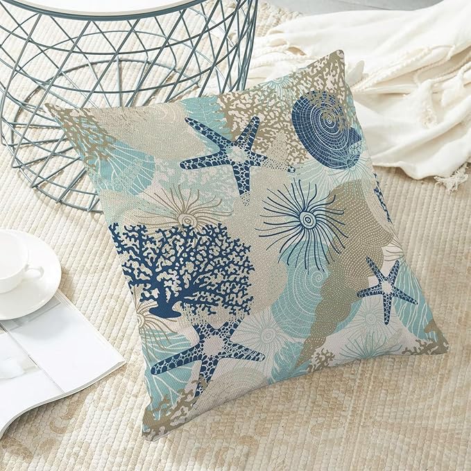 Nautical Coastal Throw Pillow Cover 22 x 22 Inch Pack of 2,Summer Beach Ocean Themed Decorative Pillow Covers Square Linen Starfish Seashell Pillow Cases Cushion for Bedroom Home Sofa Decoration