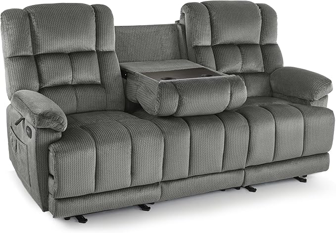 MCombo Zero Gravity Power Recliner Sofa with Drop Down Table, Heat and Vibration Massage, 3 Seater Dual Reclining Couch with USB Ports, Cup Holders for Living Room, Fabric RS6236 (Grey)