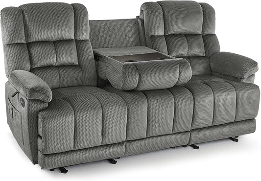 MCombo Zero Gravity Power Recliner Sofa with Drop Down Table, Heat and Vibration Massage, 3 Seater Dual Reclining Couch with USB Ports, Cup Holders for Living Room, Fabric RS6236 (Grey)