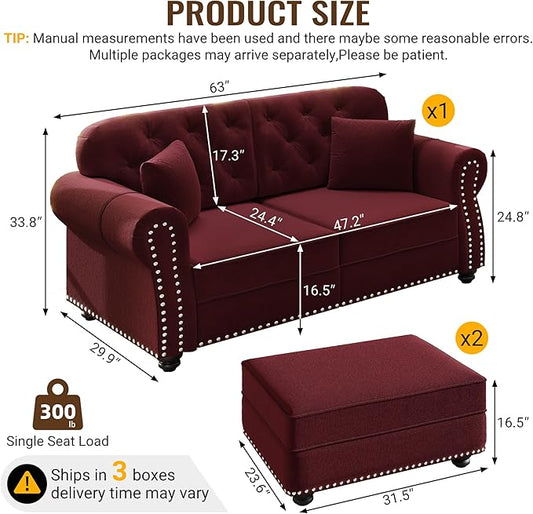 KEIKI 63" Velvet Chesterfield Sofa with Rolled Arms & Nailhead Trim & 2 Ottoman, Modern 2-Seater Button Tufted Couch with High Resilience Cushion & 2 Pillow, Easy Assembly, for Living Room, Burgundy