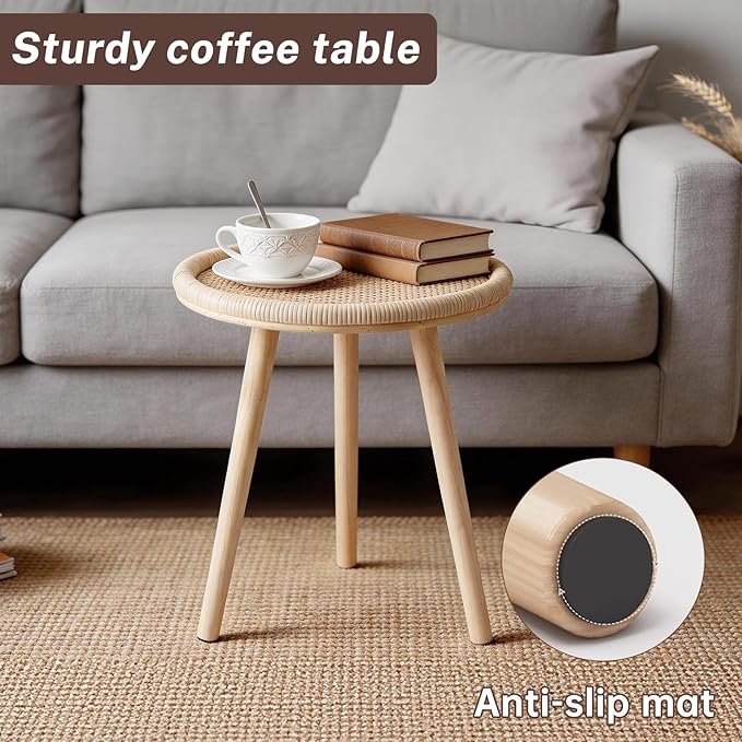 Small Side Table, Rattan Round Coffee Table, Boho Circle Side Tables End Table for Living Room, Mid Century Accent Table for Bedroom Balcony