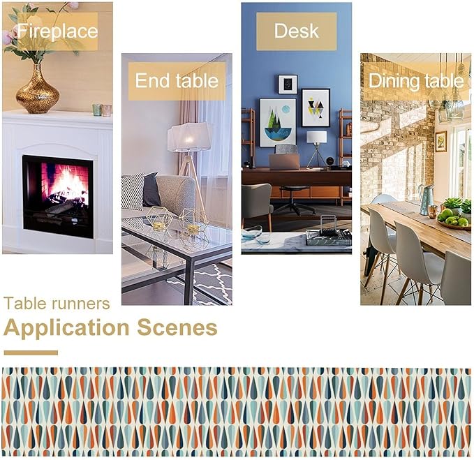 Modern Mid Century Table Runne Retro Blue Orange Grey Water Droplets Geometric Table Runner for Kitchen Dining Room Dining Table Decoration 13x60in