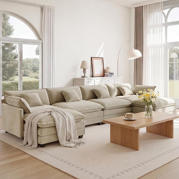 KISLOT 157" Oversized Modular Sectional Sofa,U-Shaped Cloud Couch with Movable Ottoman,Thick Cushions,6 Deep Seats with 6 Throw Pillows Sofa Couch Set for Living Room, Bedroom | Wood Frame