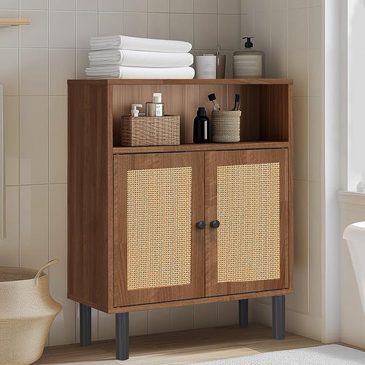 Rattan Storage Cabinet, Boho Accent Cabinet with Double Doors, Small Freestanding Sideboard for Hallway, Laundry Room,Kitchen, Dining Room, Entryway (Walnut)