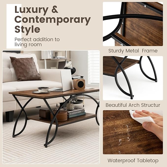 COSTWAY 2-Tier Coffee Table, Industrial Wood Accent Table with Storage Shelf and Black Finished Metal Frame, Chic Rectangular Side End Table for Living Room Office Lounge (Coffee)