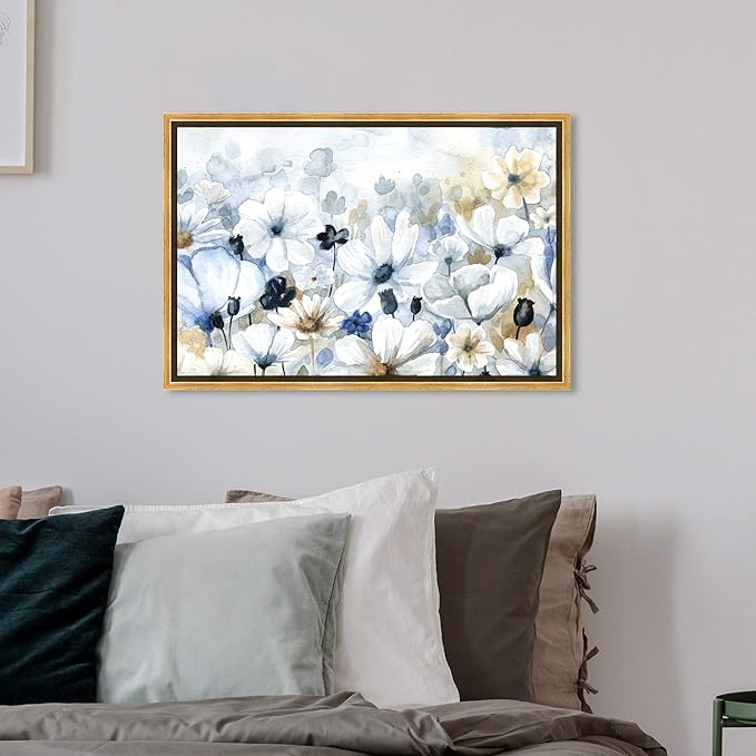 The Oliver Gal Artist Co. Floral and Botanical Wall Art Framed Canvas Prints 'Fields Flowers Home Décor, 24" x 16", Blue, White